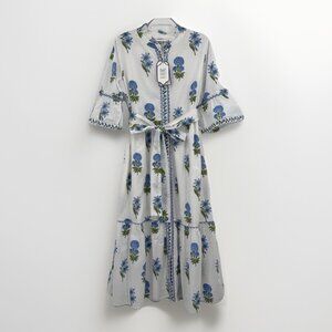 Pink City Prints Cobalt Lilly Panama Dress Size L Large Belted Cotton Maxi Shirt